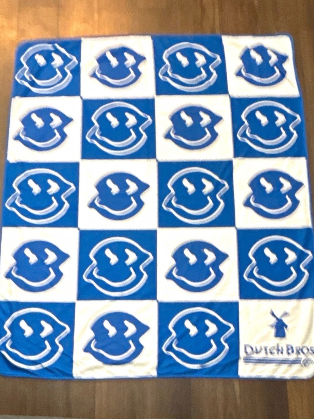 Dutch bros coffe reversible throw blanket blue white check smiley face